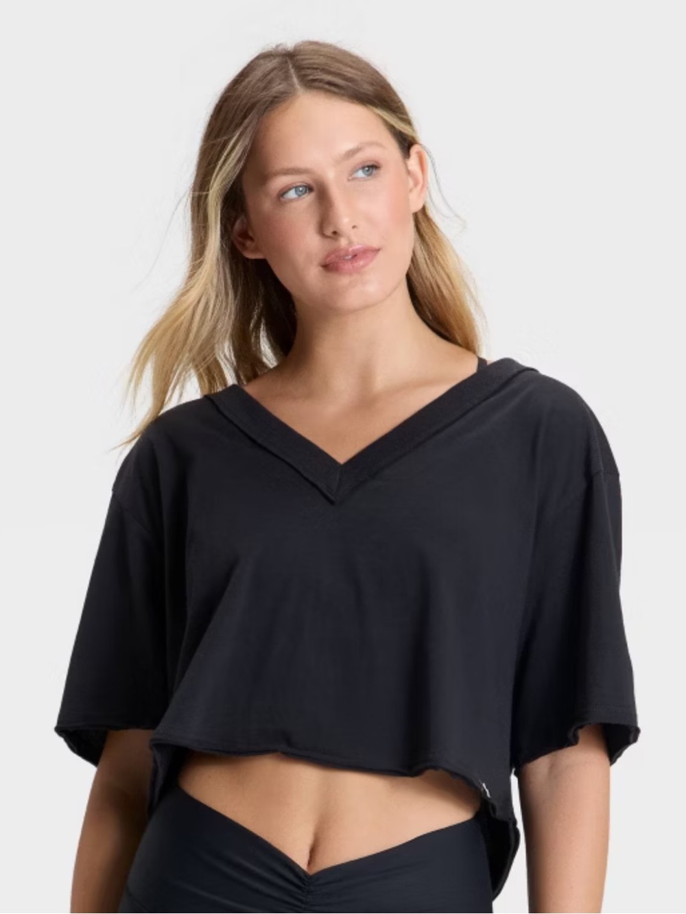 JoyLab Black V-Neck Boxy Cropped Tee